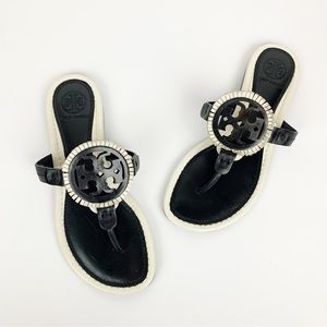 TORY BURCH Black and White Miller Sandals Patent Leather Fringe SIZE 5.5